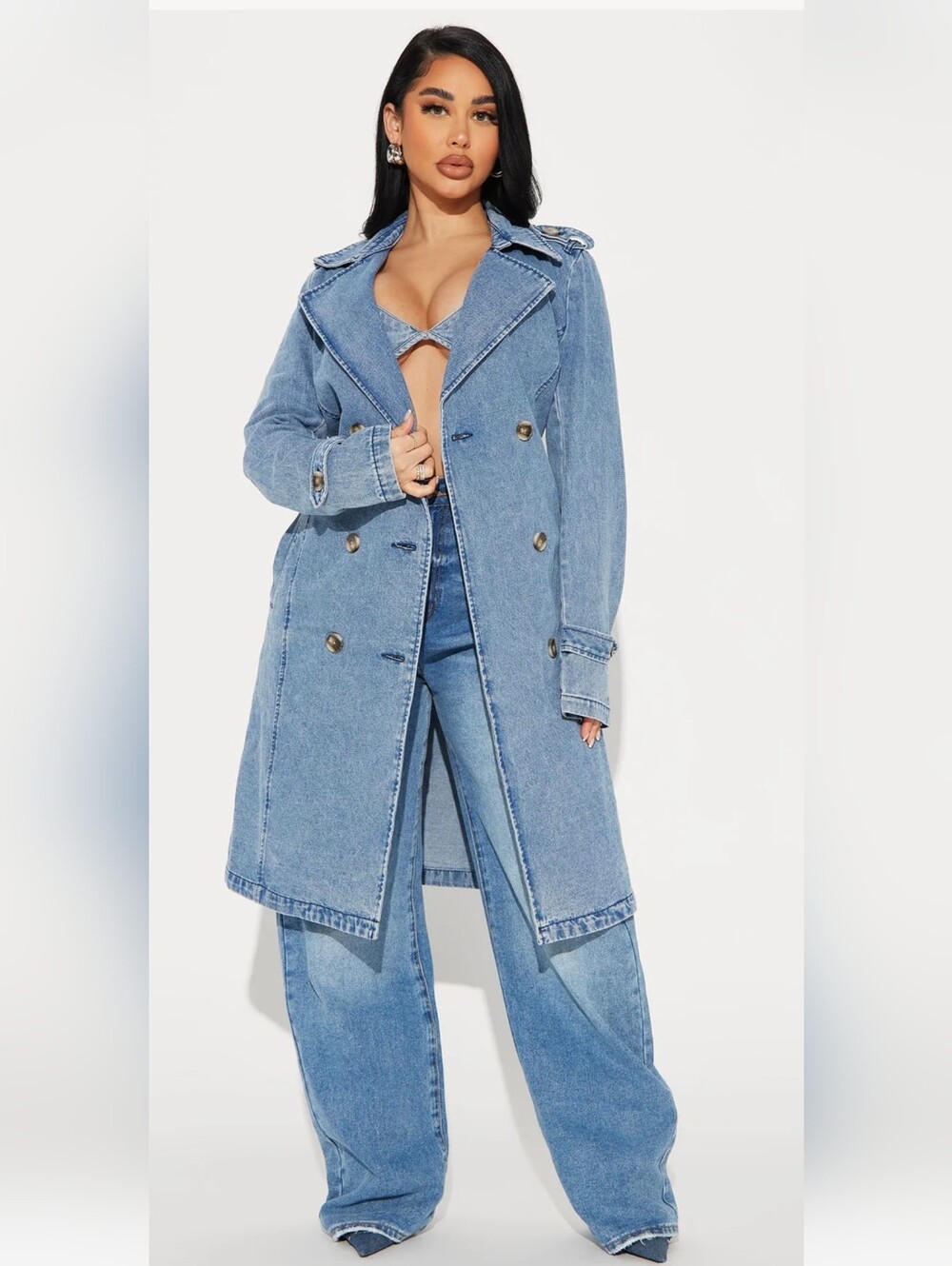 Fashion Nova Take You There Denim Belted Trench Coat Size XL NWT Medium Wash - Picture 2 of 12